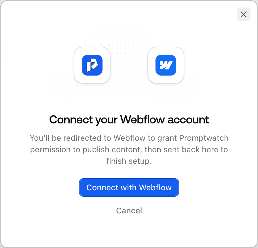 The Promptwatch Connect your Webflow account dialog with the Connect with Webflow button that starts the OAuth authorization.