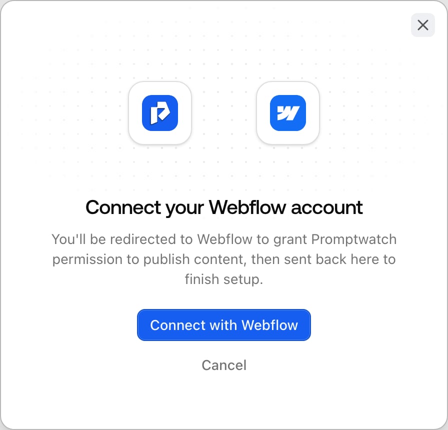 The Promptwatch Connect your Webflow account dialog with the Connect with Webflow button that starts the OAuth authorization.