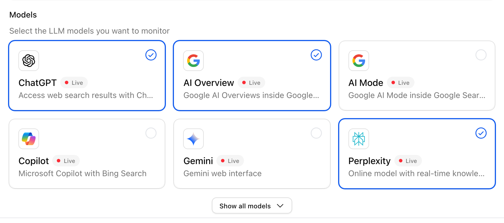 The Models field of the Promptwatch Create Monitor dialog, with ChatGPT, AI Overview and Perplexity ticked.