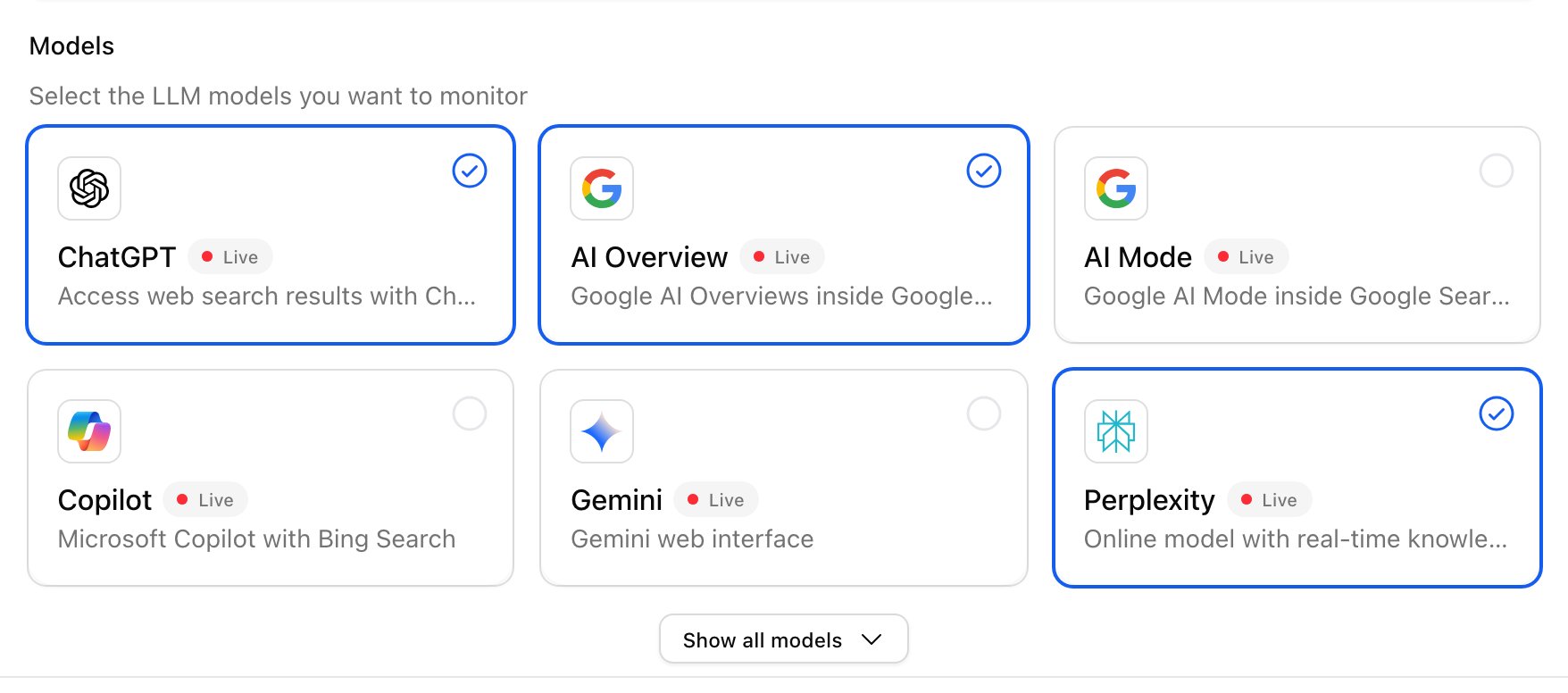 The Models field of the Promptwatch Create Monitor dialog, with ChatGPT, AI Overview and Perplexity ticked.