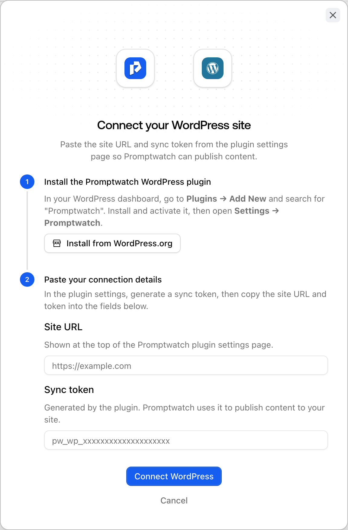 The Promptwatch WordPress connect dialog with plugin download, Site URL, and Sync token fields.