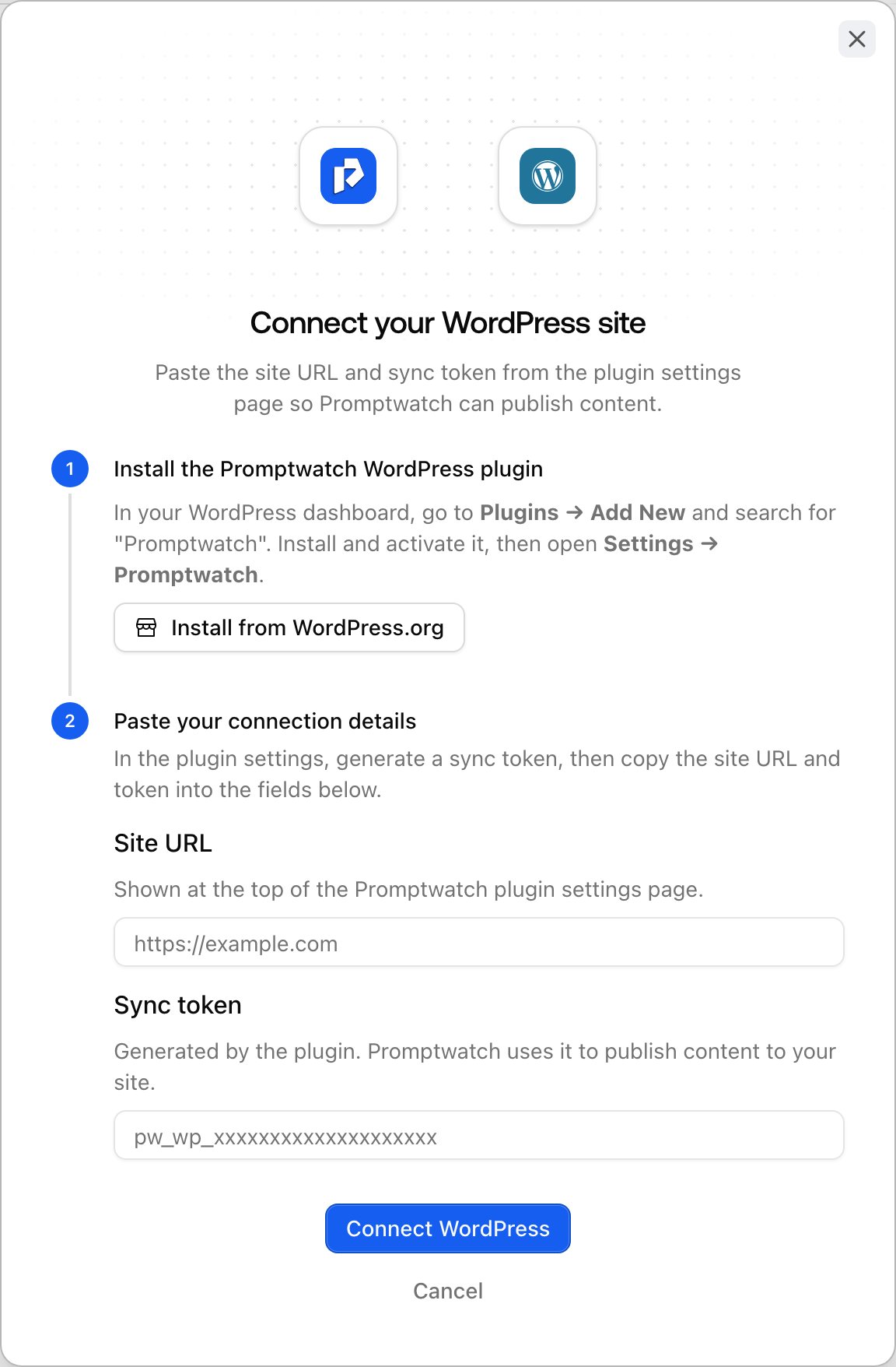 The Promptwatch WordPress connect dialog with plugin download, Site URL, and Sync token fields.