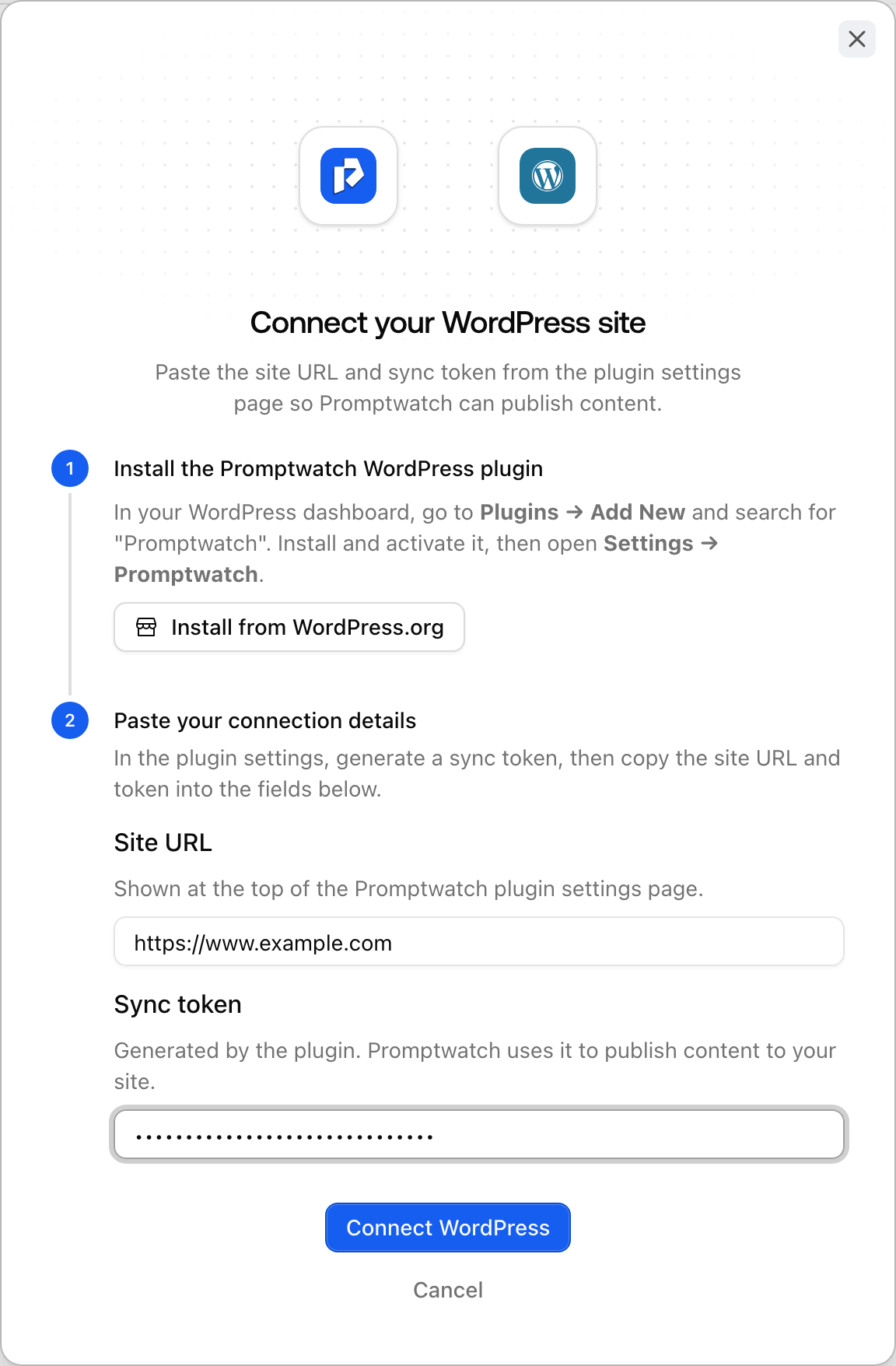 The Paste your connection details step of the Promptwatch WordPress connect dialog, with the Site URL and Sync token fields and the Connect WordPress button.