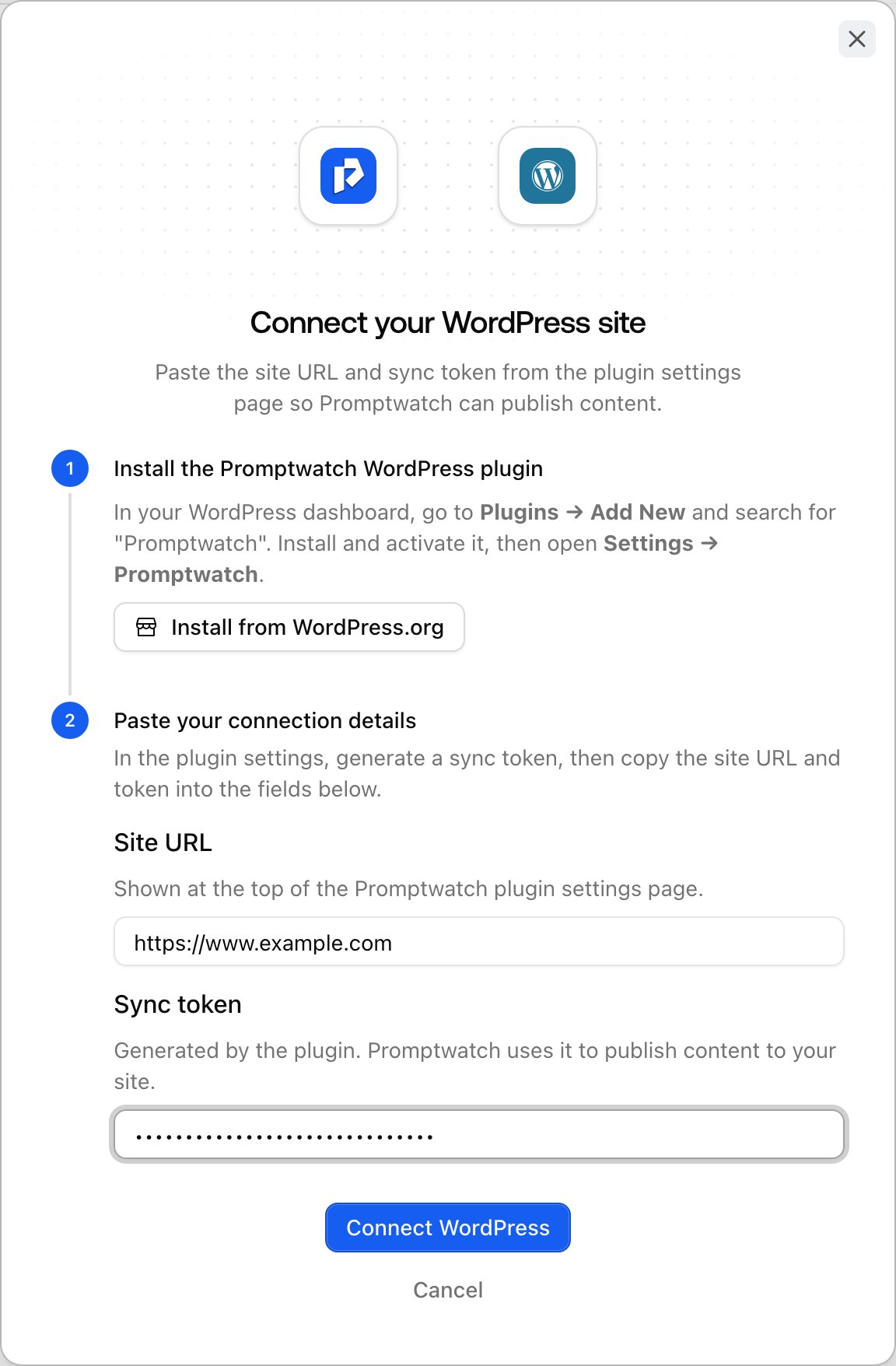 The Paste your connection details step of the Promptwatch WordPress connect dialog, with the Site URL and Sync token fields and the Connect WordPress button.