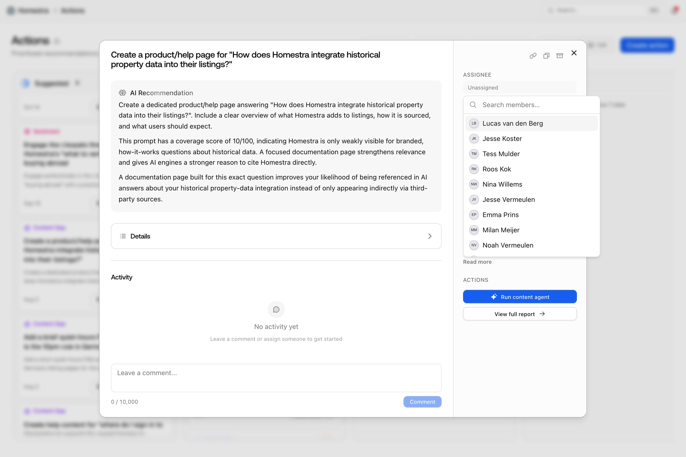 The Assignee picker open in the right column of a Promptwatch action detail dialog, listing project members.