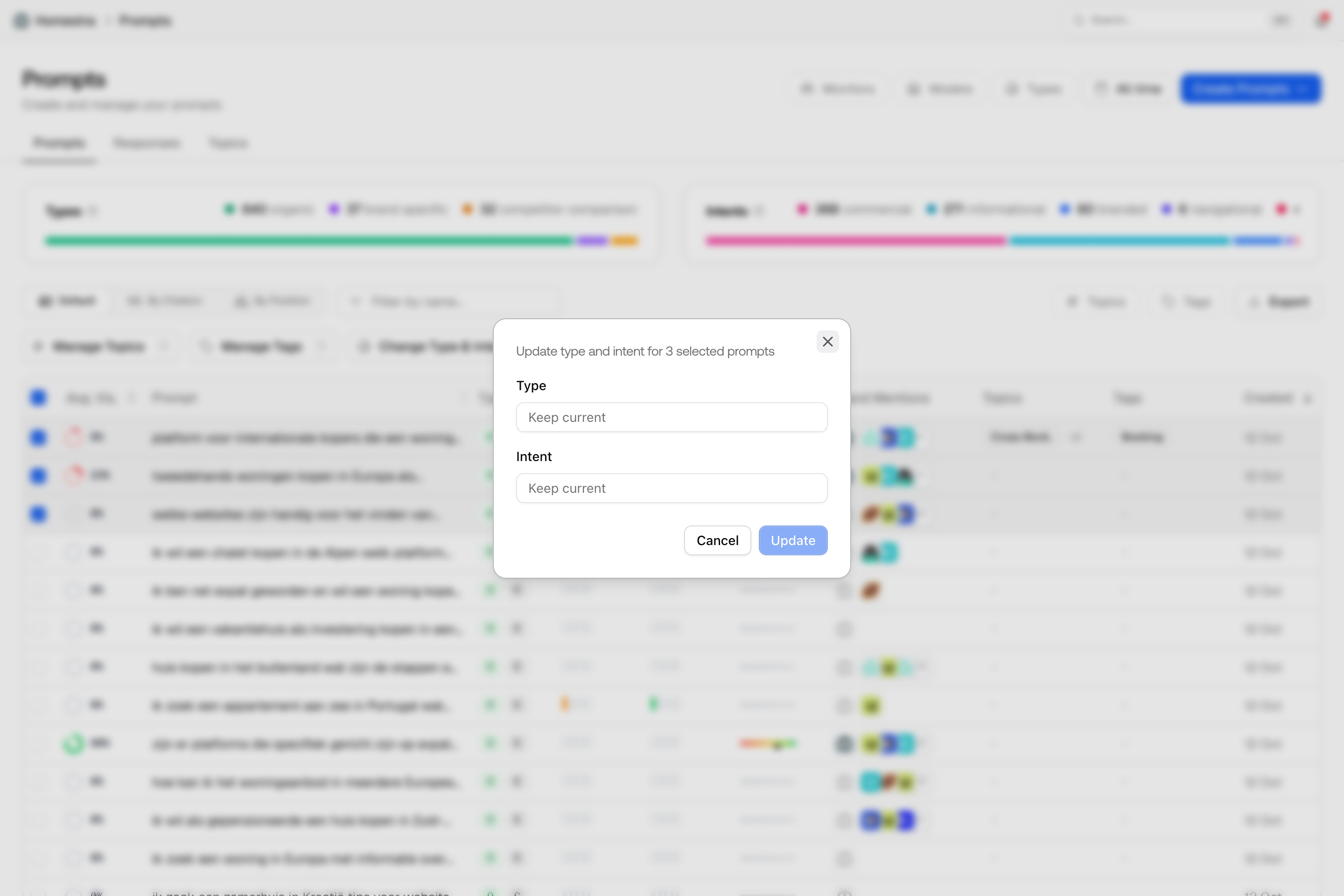 The Promptwatch Change Type & Intent dialog for three selected prompts, with Type and Intent set to Keep current.