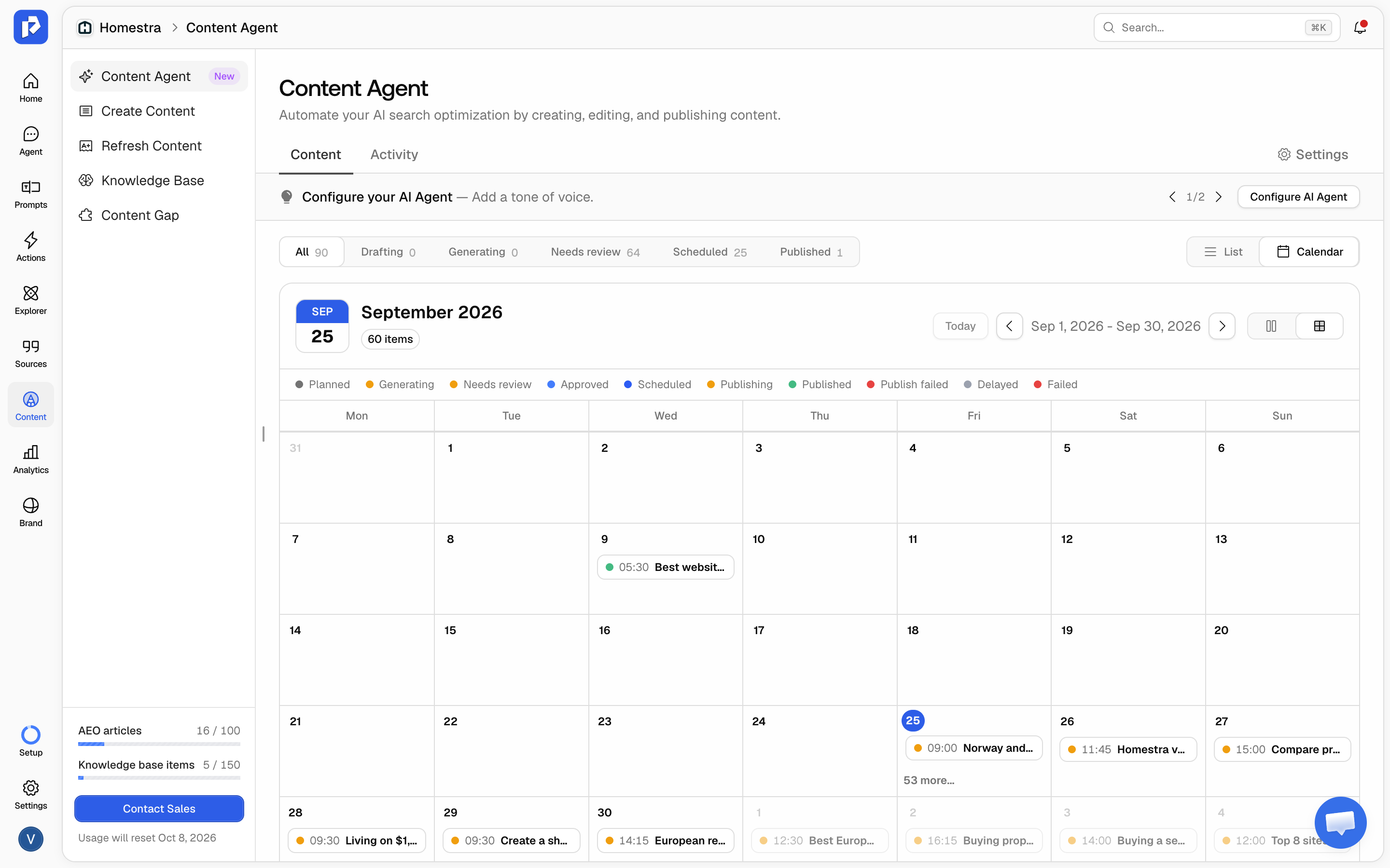 The Promptwatch Content Agent Content tab in calendar view, with status filter counts and the status color legend.