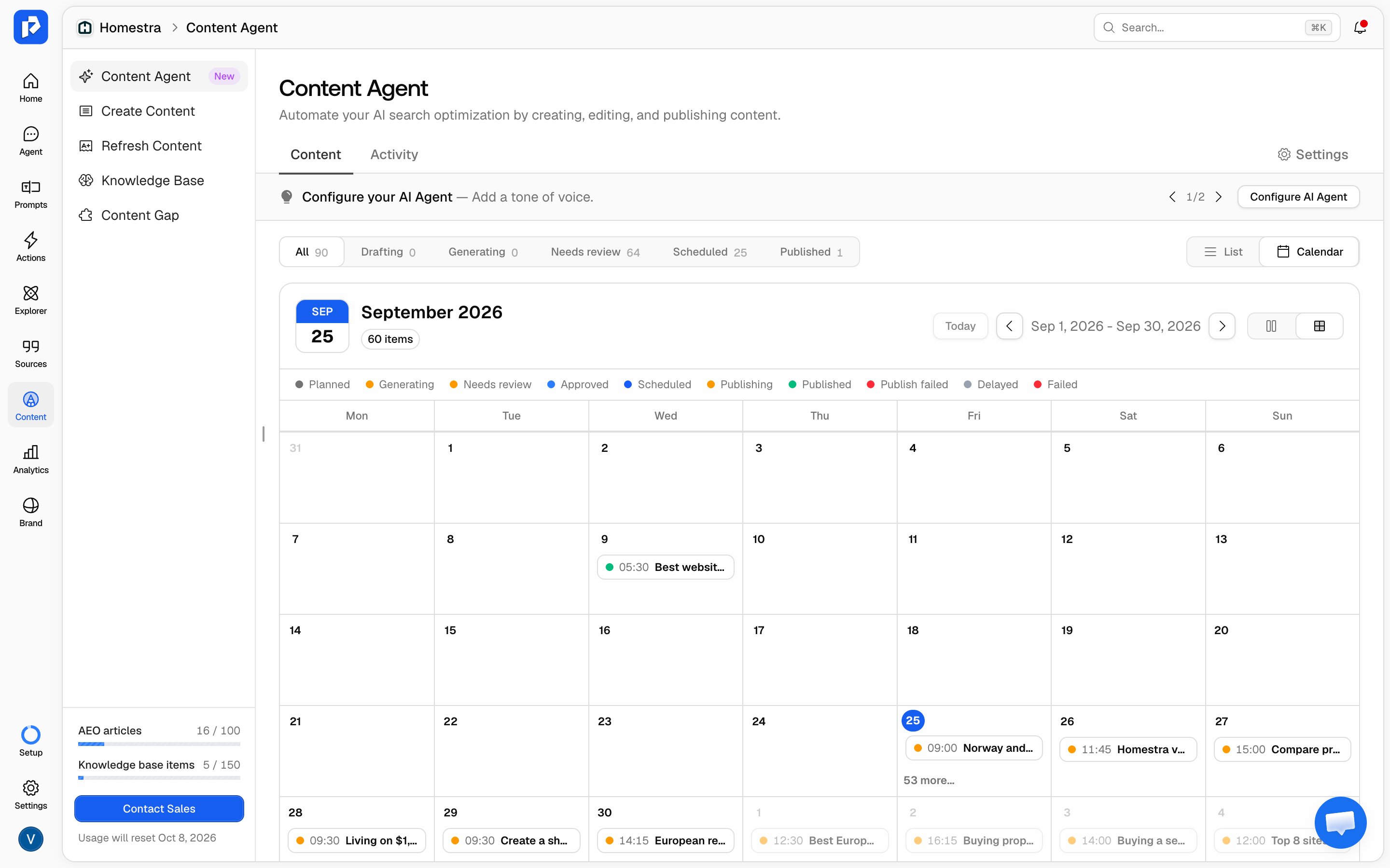 The Promptwatch Content Agent Content tab in calendar view, with status filter counts and the status color legend.