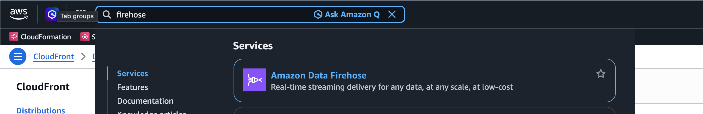 Navigate to Kinesis Firehose