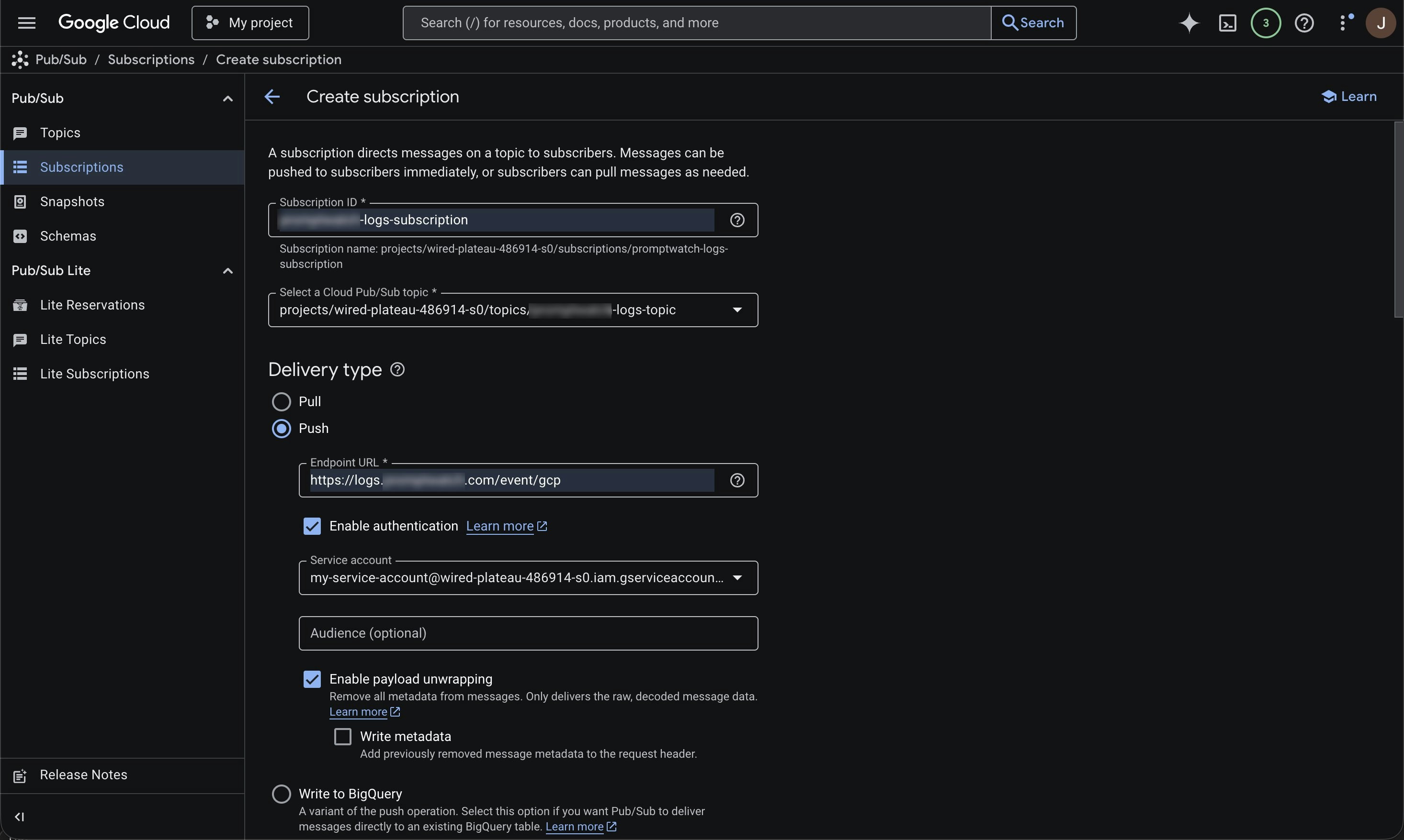 Create Pub/Sub push subscription