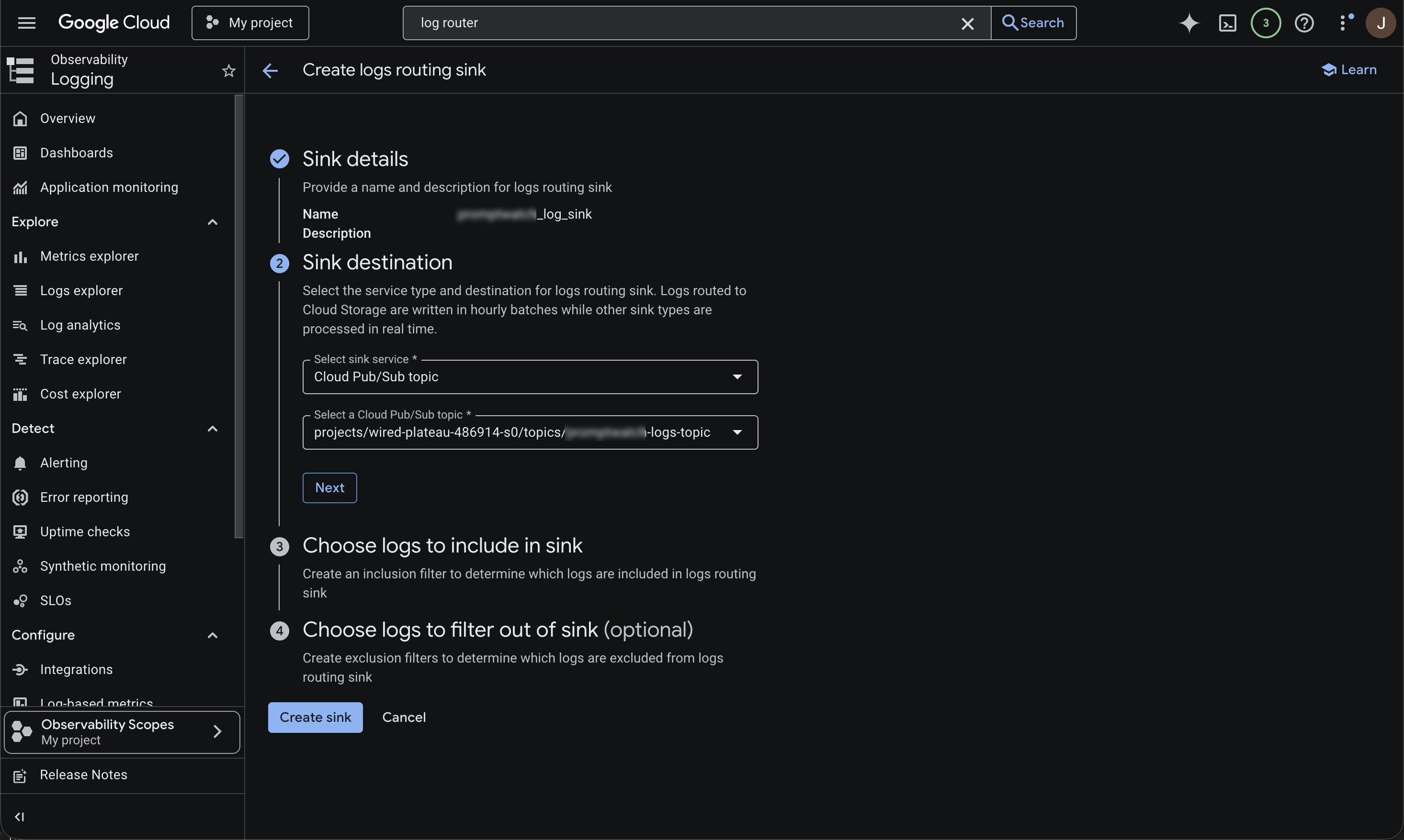 Create a Log Router sink