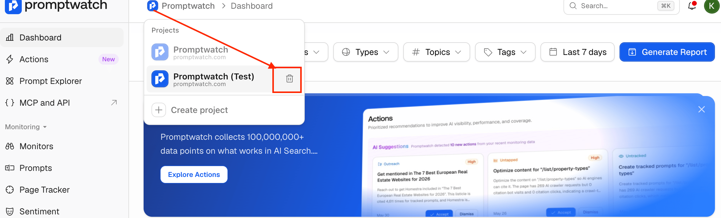 How can I delete a project when I have multiple projects?