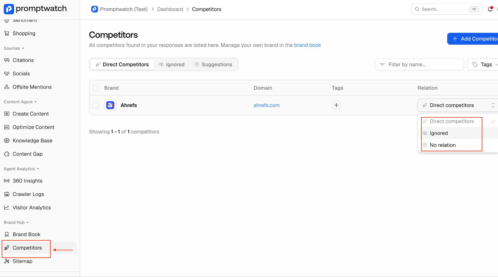 How to delete Competitors or change the status of the competitors?