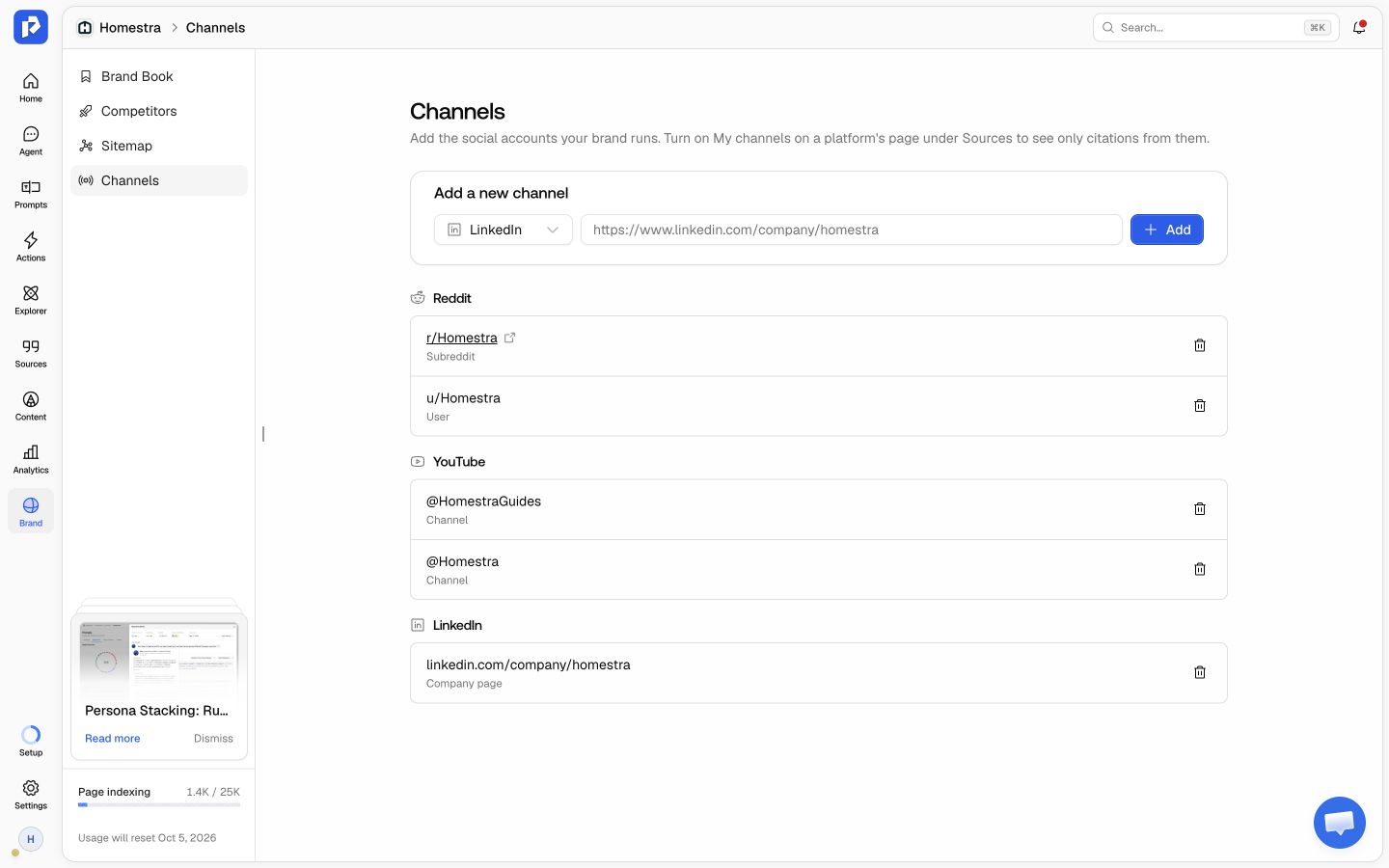 The Channels page for Homestra, with saved Reddit subreddits and users, YouTube channels, and a LinkedIn company page.