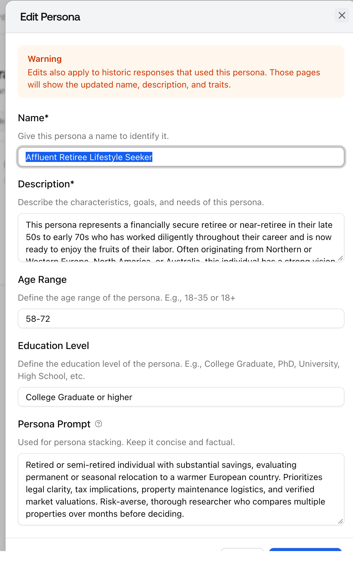 The Promptwatch Edit Persona dialog with the name, description, traits, and Persona Prompt fields.