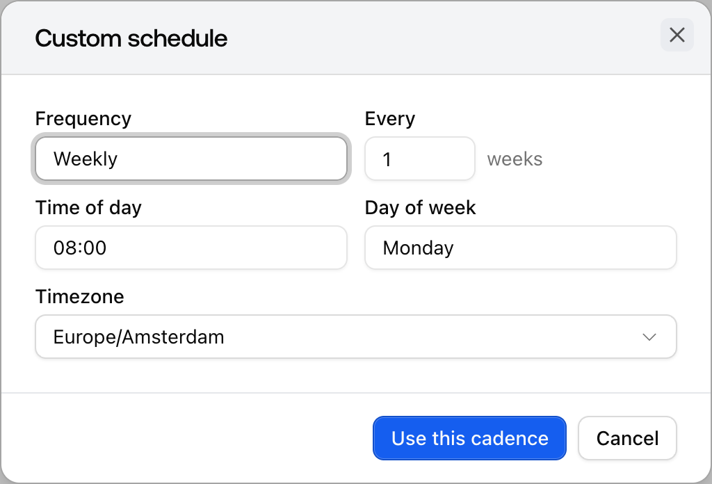 The Promptwatch custom cadence picker with frequency, interval, time of day, day of week, and timezone controls.