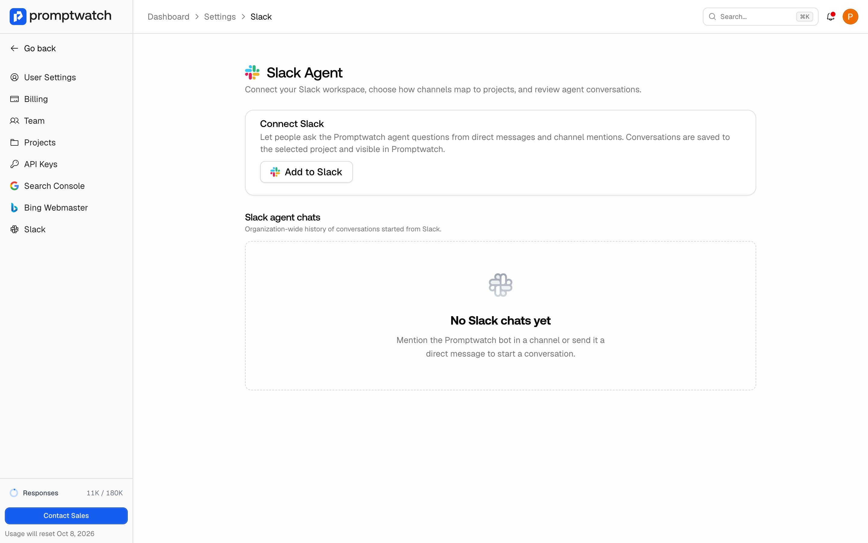 The Promptwatch Slack settings page with the connect card, default project, and channel project mappings.