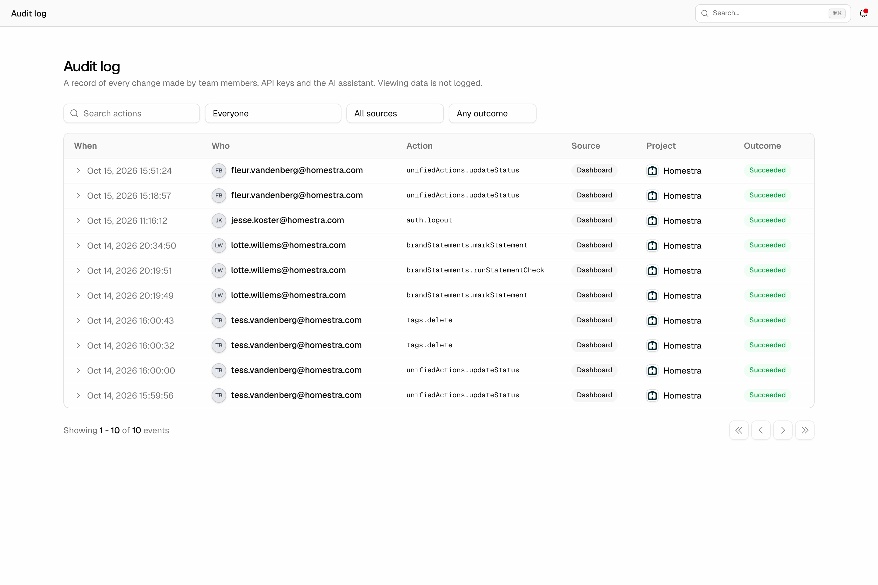 The Promptwatch Audit log page with the Search actions, Everyone, All sources and Any outcome filters above a list of changes with their source, project and outcome.