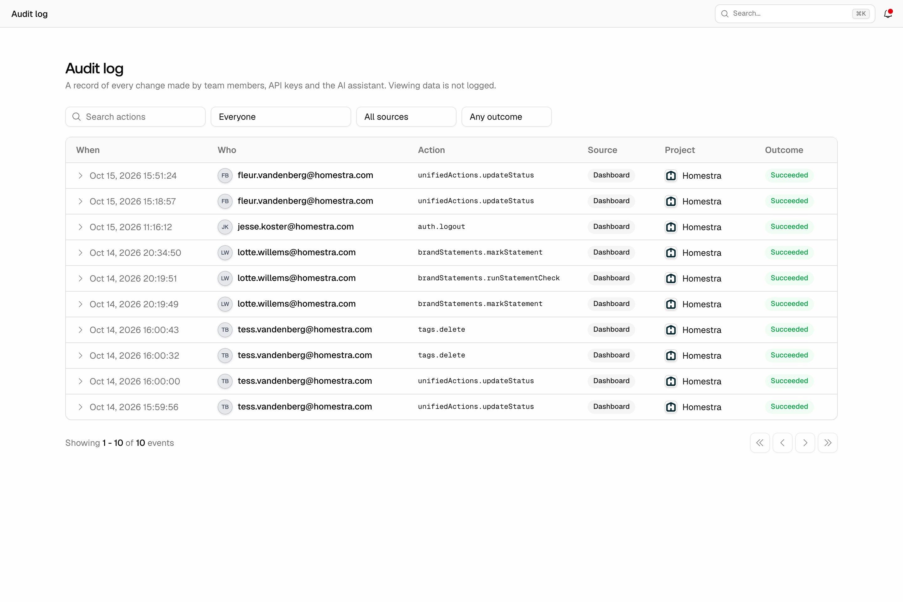 The Promptwatch Audit log page with the Search actions, Everyone, All sources and Any outcome filters above a list of changes with their source, project and outcome.