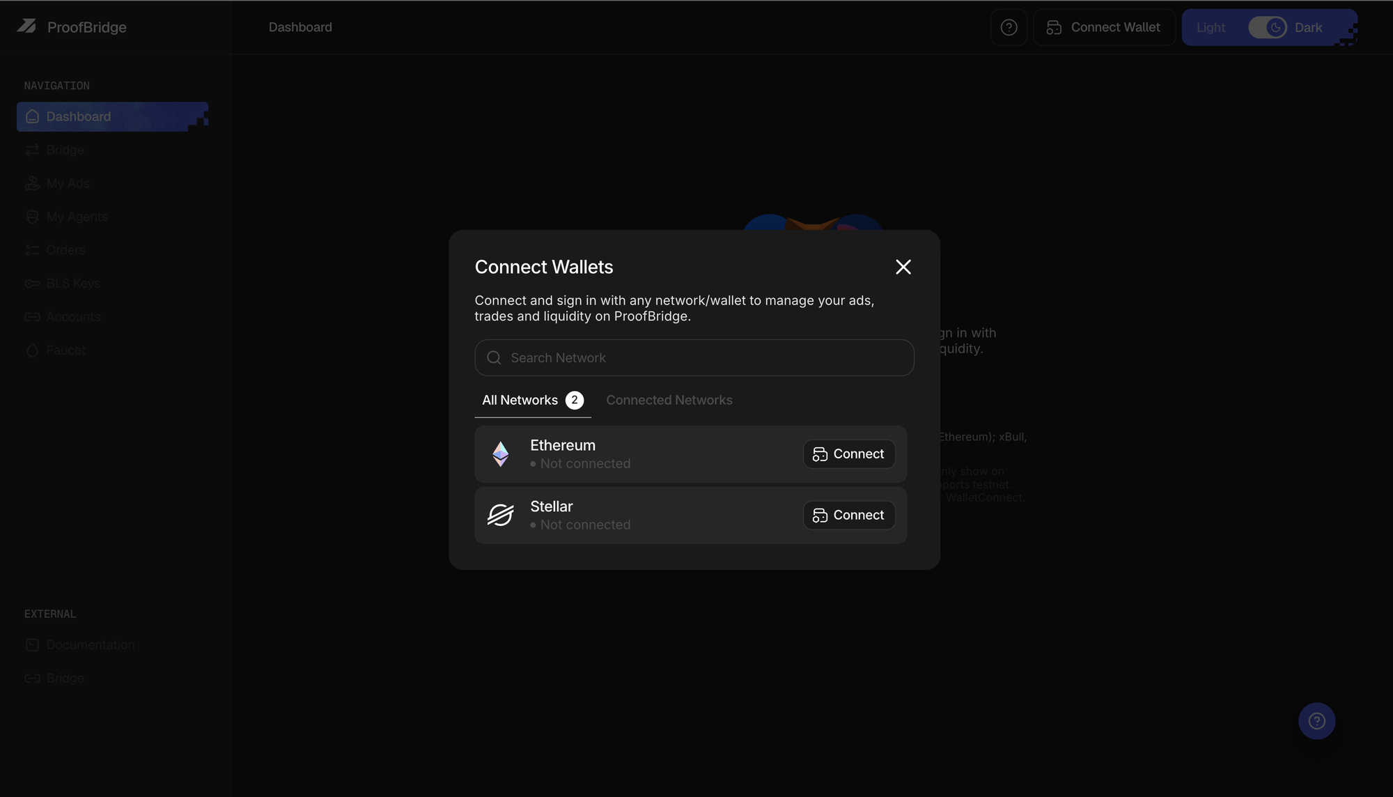 The wallet hub listing Ethereum and Stellar, each with a Connect button