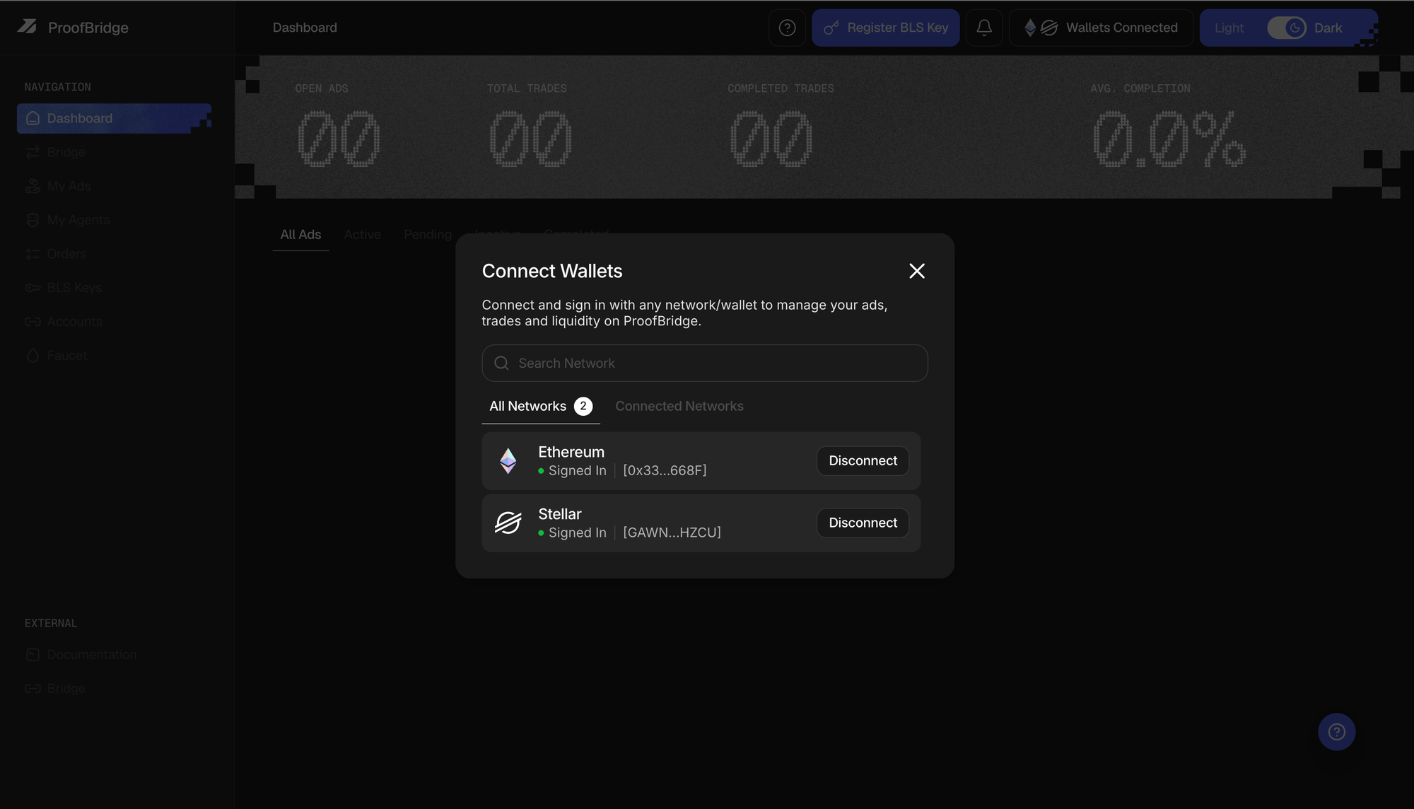 The wallet hub showing both networks signed in, each with its address