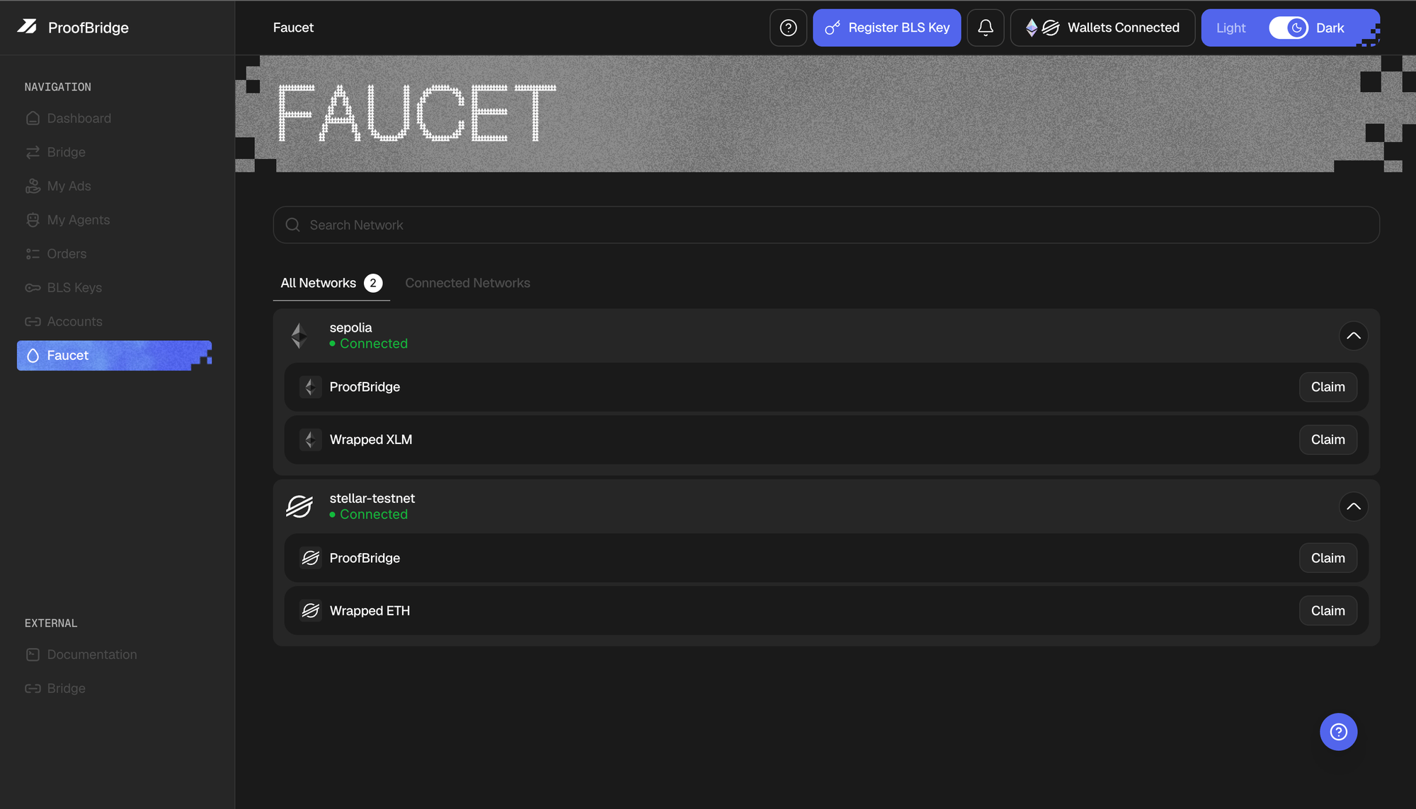 The Faucet page listing the bridge tokens with a claim button for each