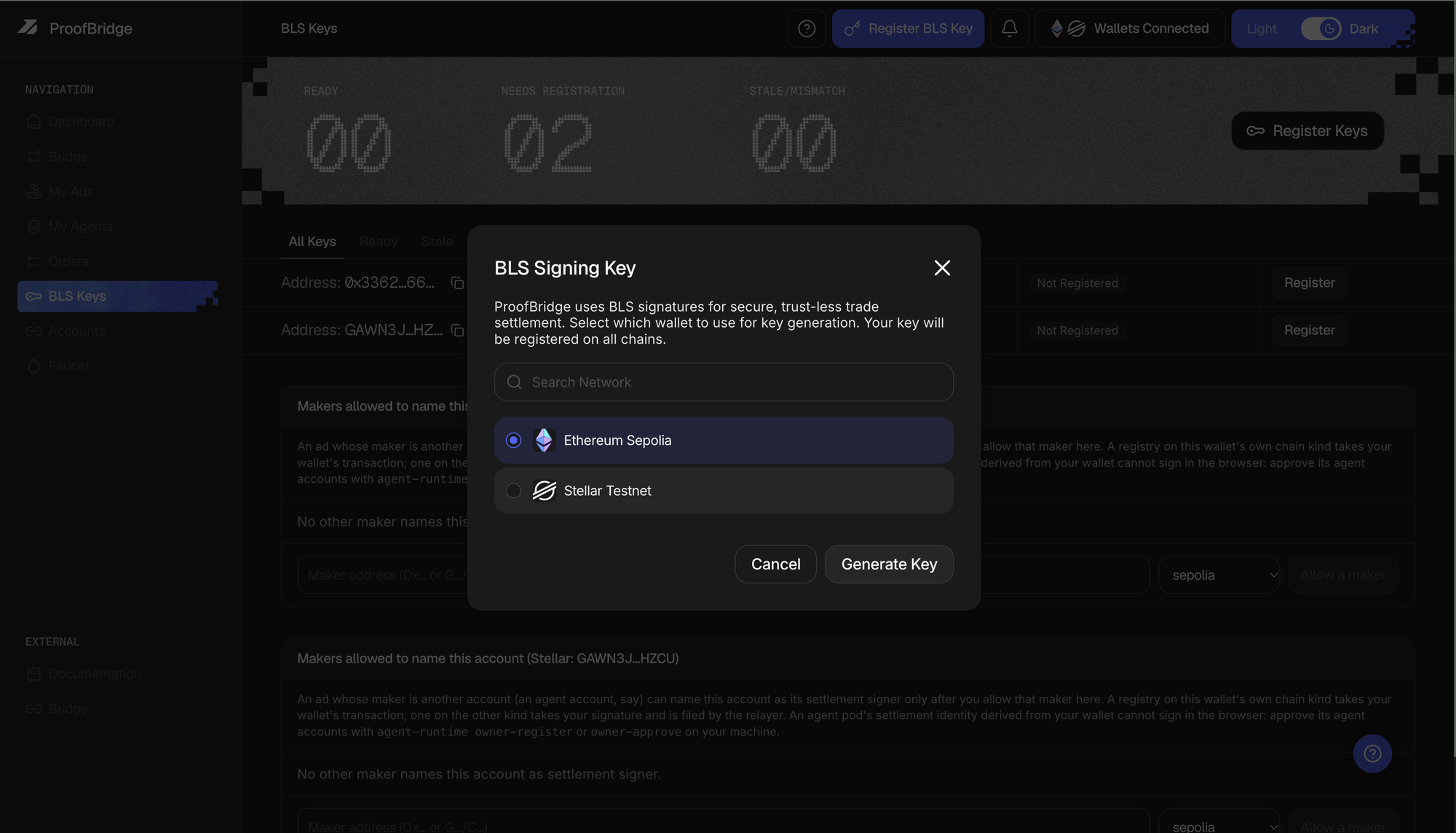 The BLS Signing Key dialog with Ethereum Sepolia and Stellar Testnet to choose between, and a Generate Key button