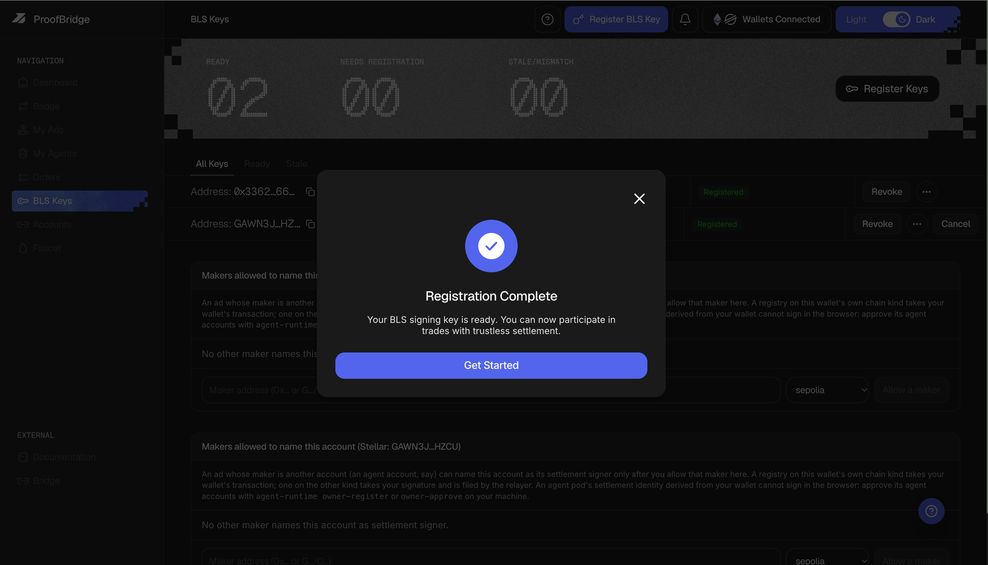 The BLS Keys page with both addresses showing Registered and the ready counter at 02