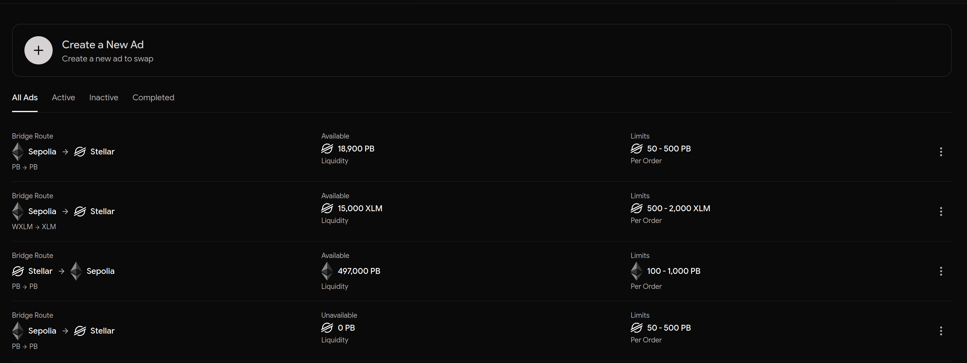 My Ads list with routes, liquidity, and limits