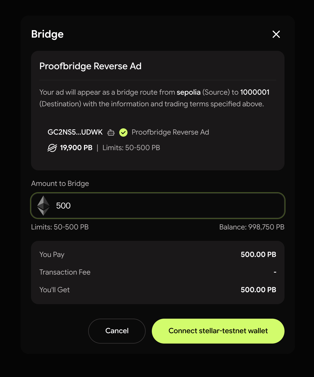 Bridge amount dialog