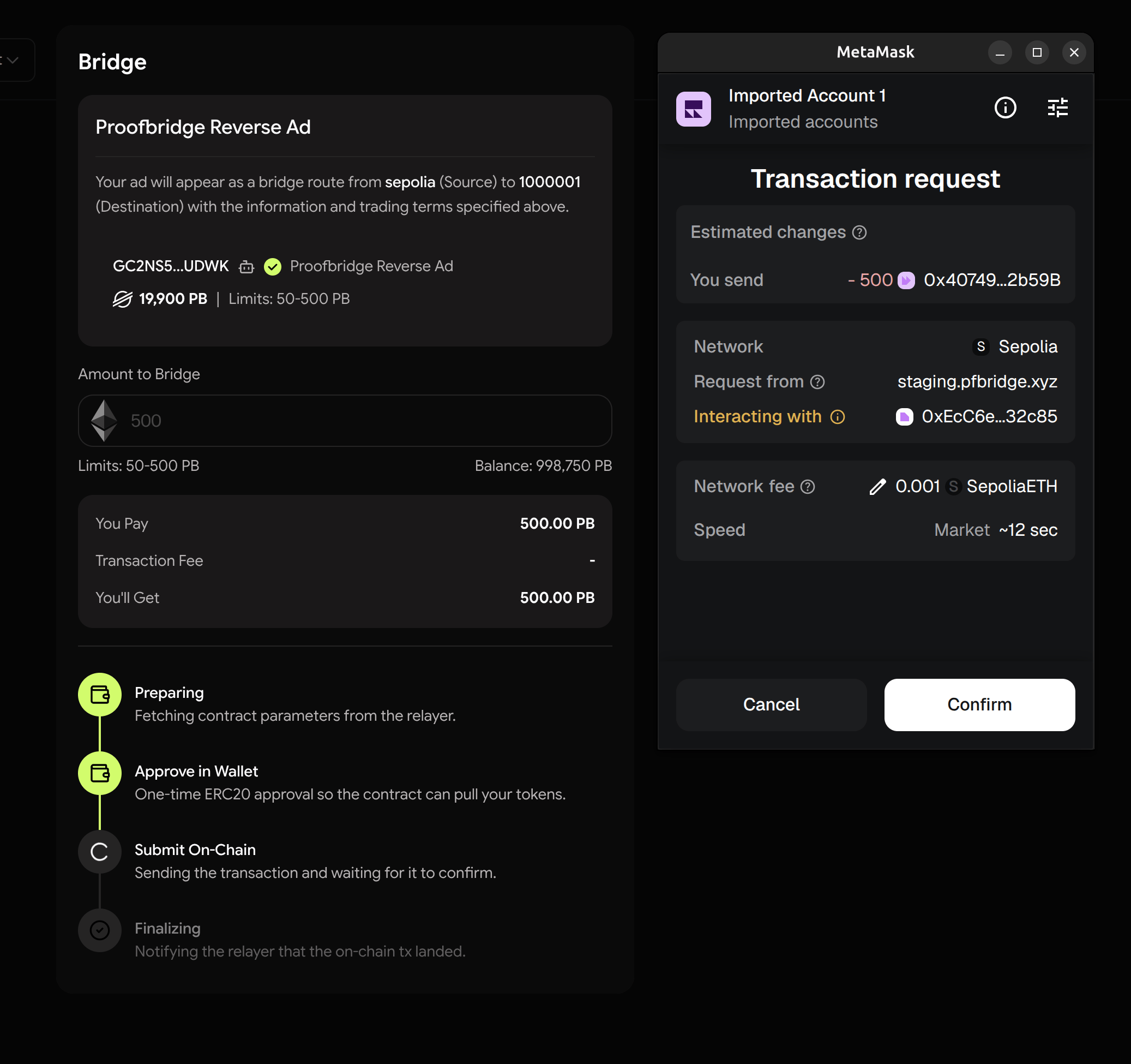 MetaMask deposit confirmation with the bridge stage tracker