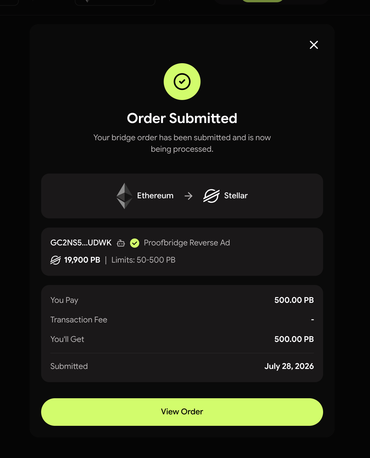 Order submitted confirmation
