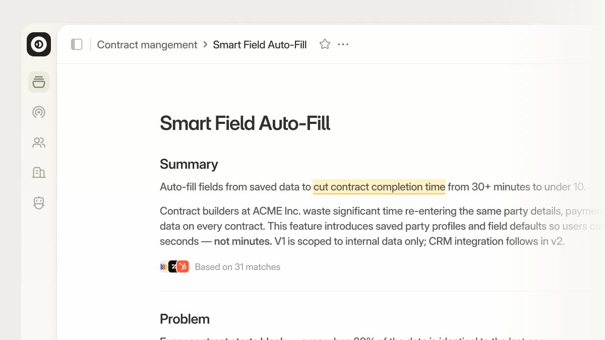 A Propane Space with a canvas open on the Smart Field Auto-Fill doc, showing a summary, highlighted phrase, and matched evidence count