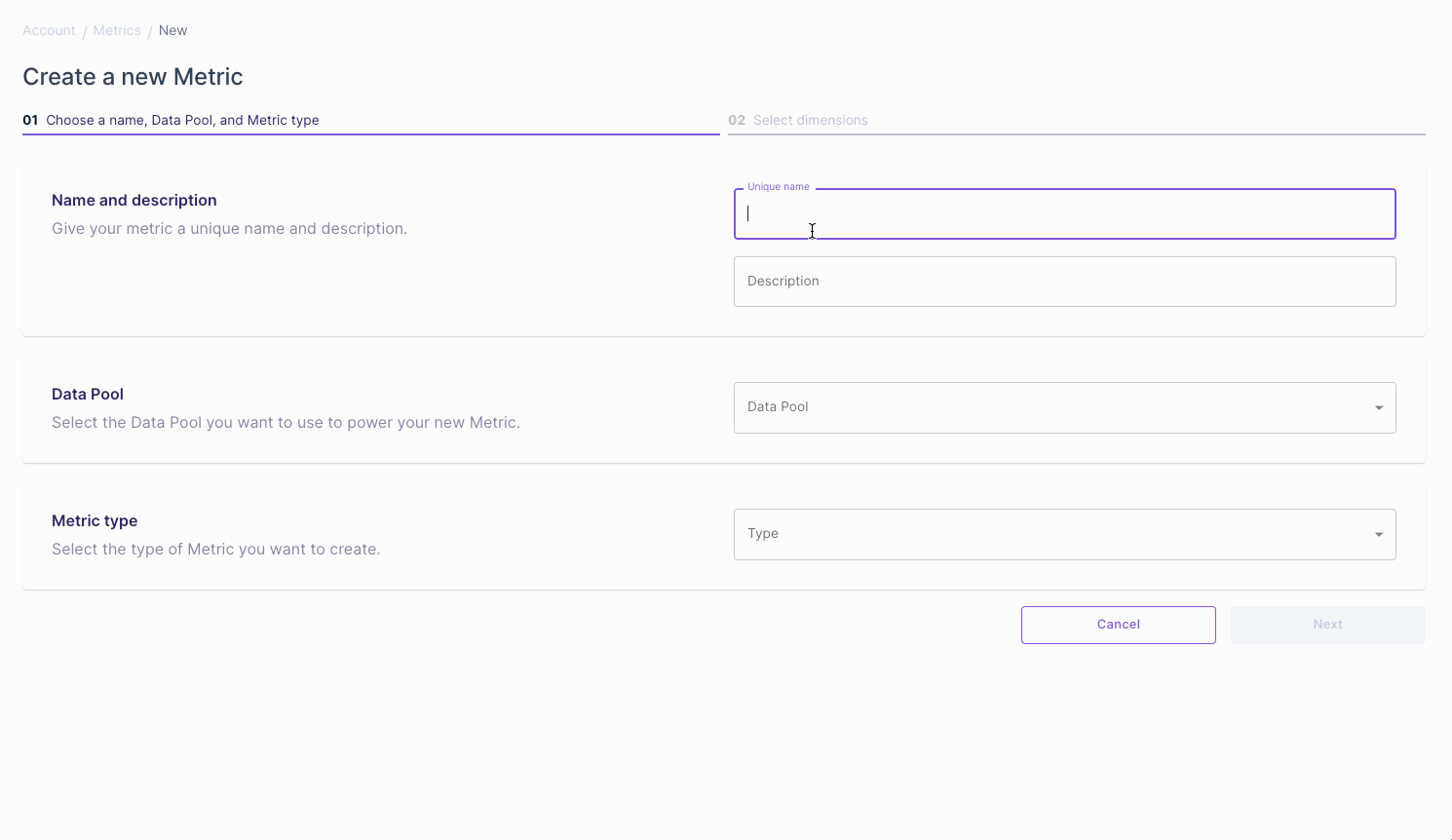 A screen capture demonstrating how to define a Custom Metric.