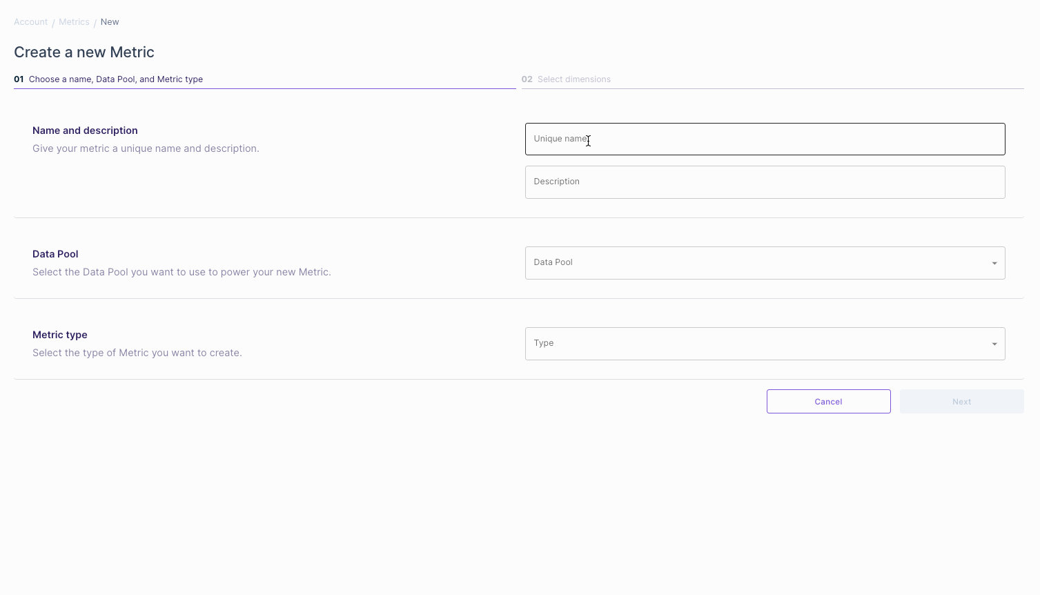 A screen capture demonstrating how to define a Metric.