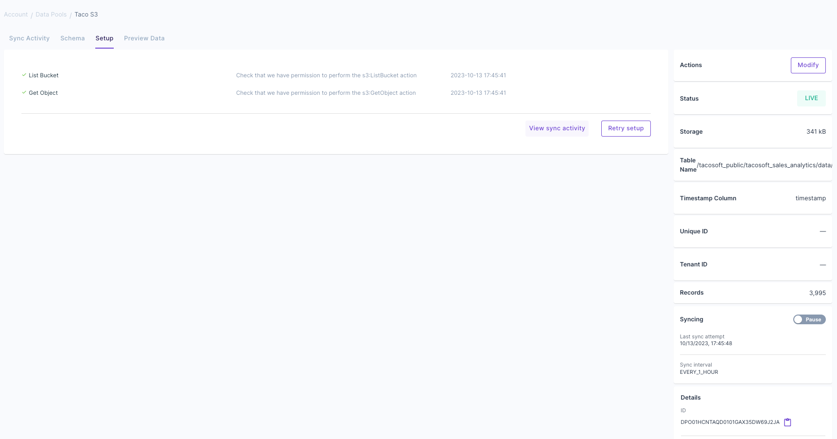A screenshot demonstrating the successful setup of a new Amazon S3 Parquet Data Pool in the Propel Console