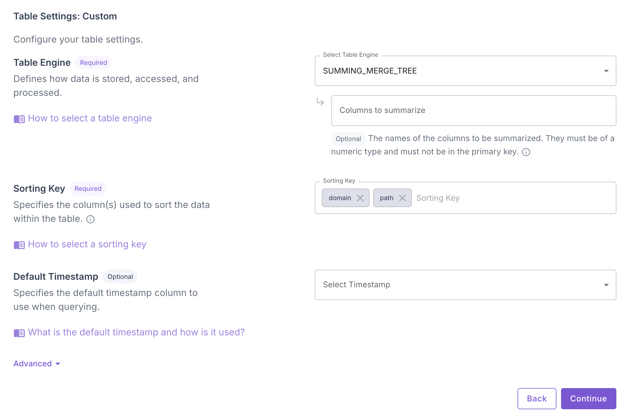 Console example for sorting key of a 'Visits' aggregated table