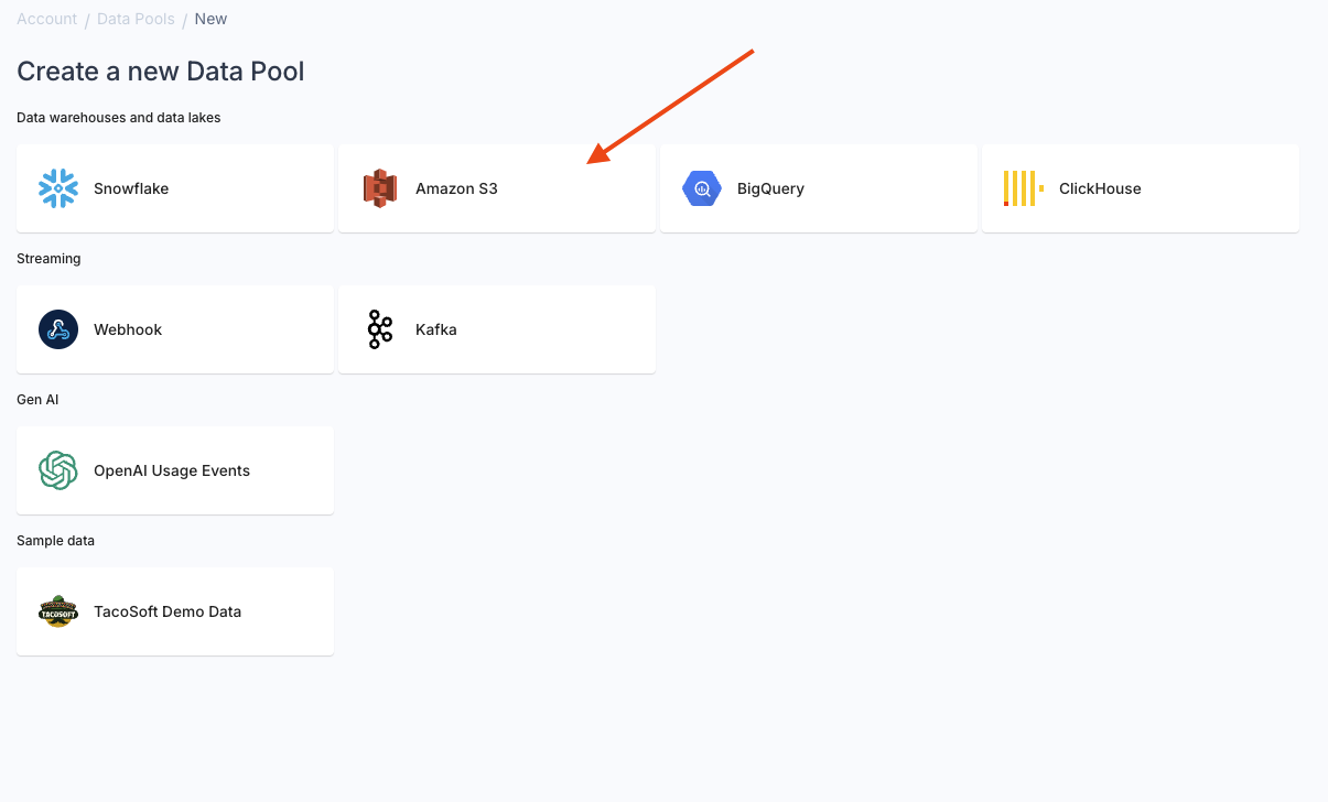 A screenshot demonstrating how to select an Amazon S3 Data Pool in the Propel Console