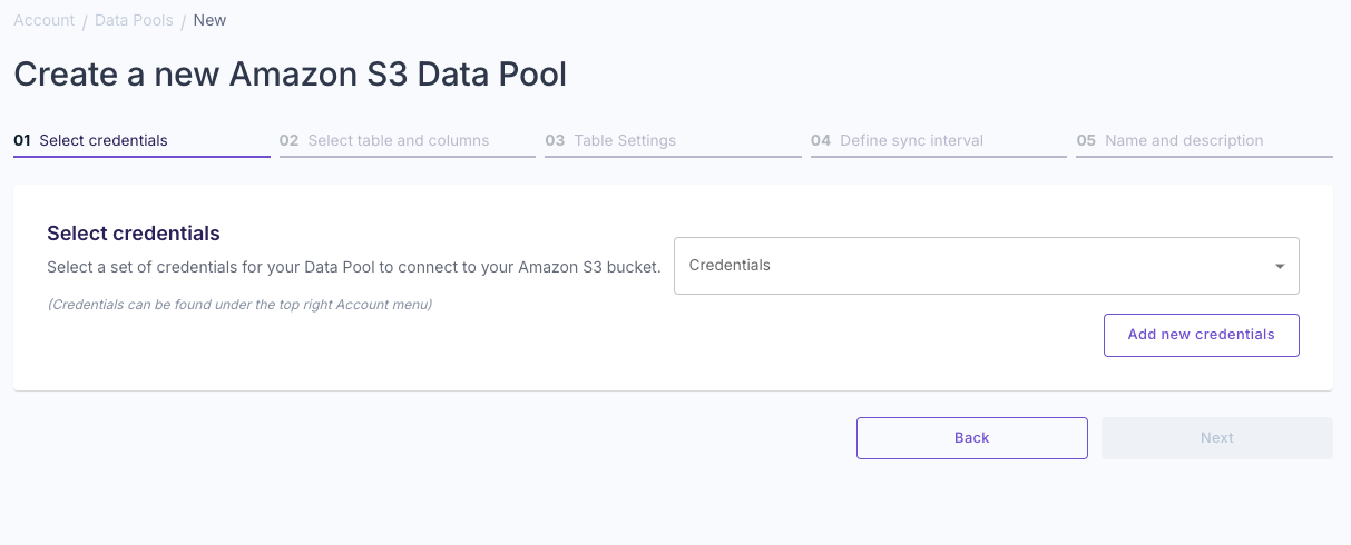 A screenshot demonstrating how to create new credentials for an Amazon S3 Data Pool in the Propel Console.