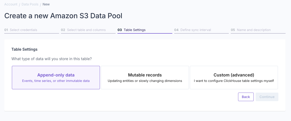 A screenshot demonstrating how to select the select primary timestamp and Unique ID for a new Amazon S3 Parquet Data Pool in the Propel Console.