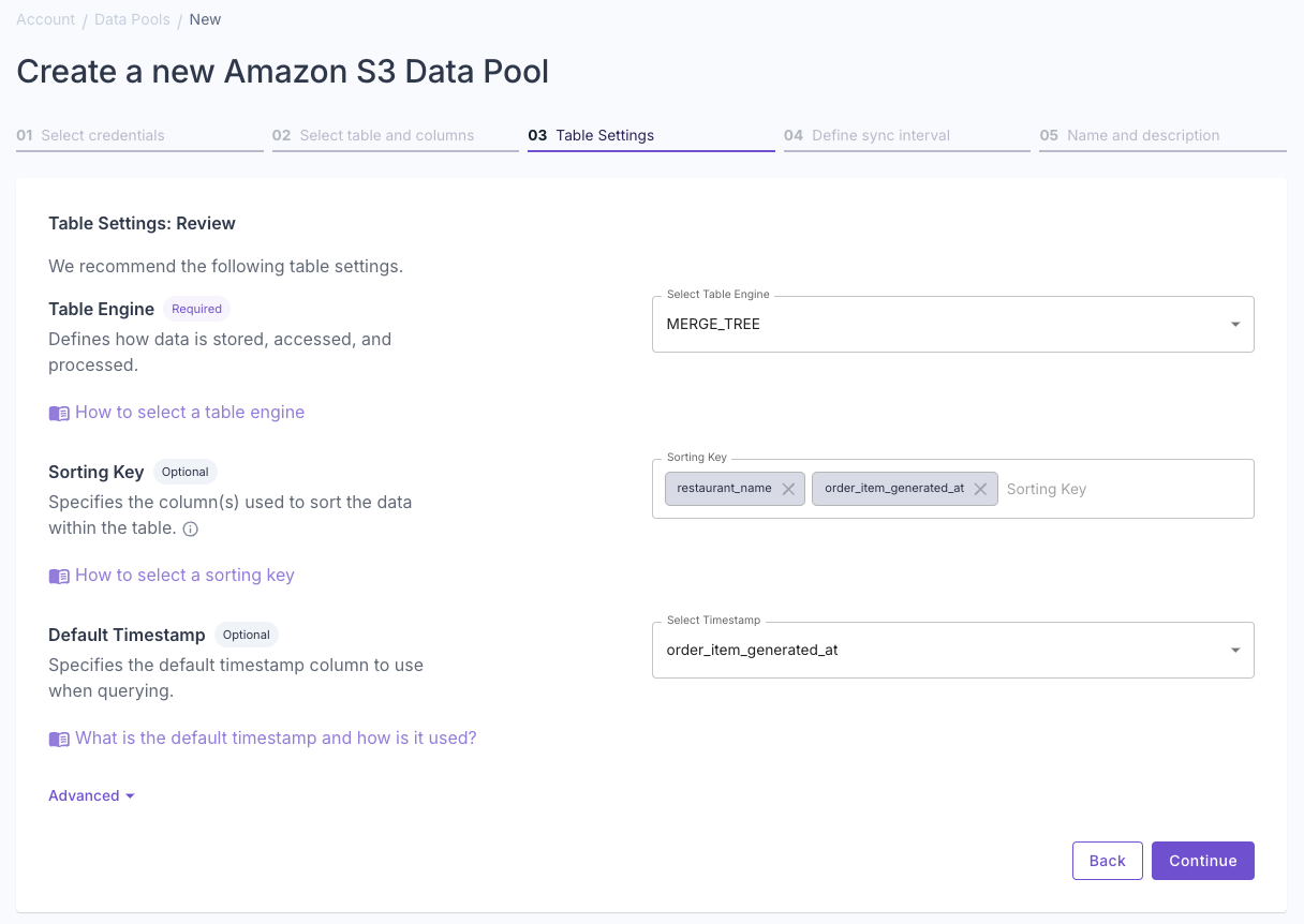 A screenshot demonstrating how to select a table for a new Amazon S3 Parquet Data Pool in the Propel Console.