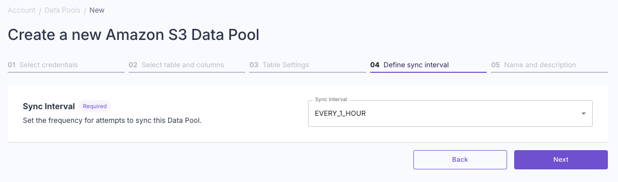 A screenshot demonstrating how to select the sync interval for a new Amazon S3 Parquet Data Pool in the Propel Console.