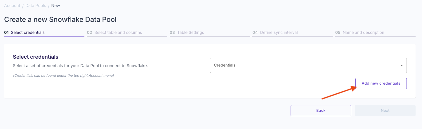 A screenshot demonstrating how to create new credentials for a Snowflake Data Pool in the Propel Console.