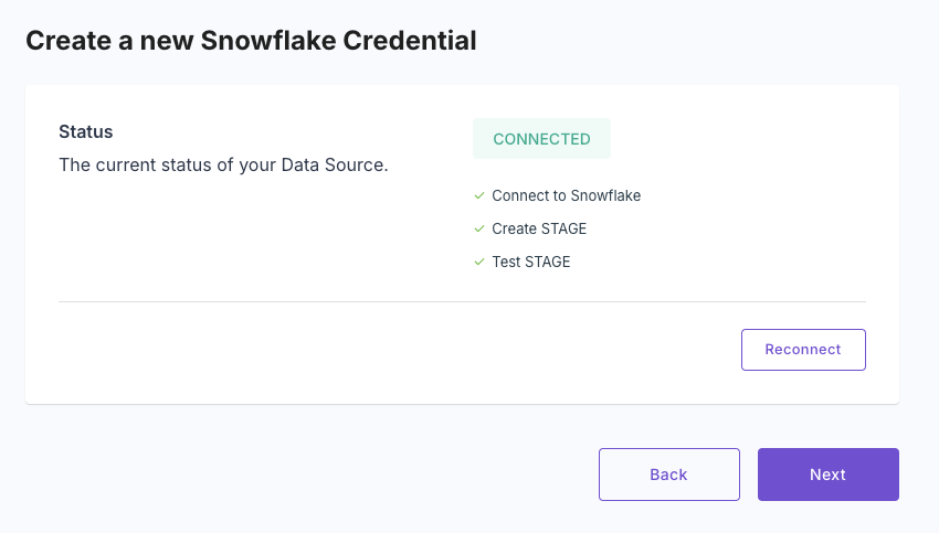 A screenshot demonstrating how the Snowflake credentials are tested in the Propel Console.