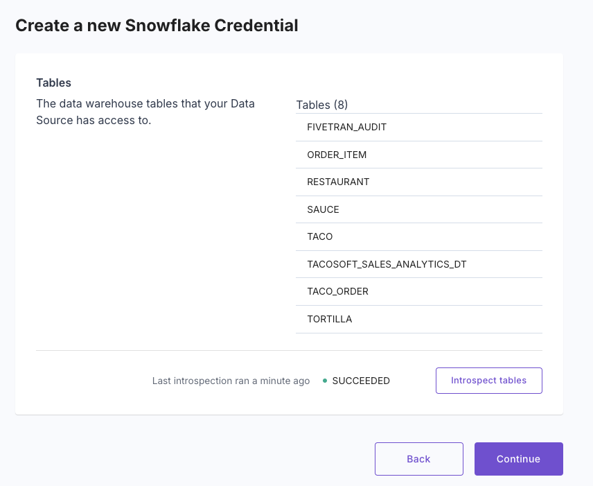 A screenshot demonstrating how the Snowflake credentials are tested in the Propel Console.