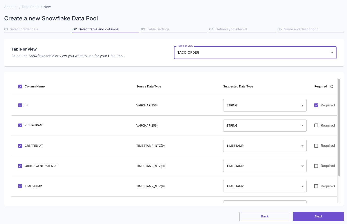 A screenshot demonstrating how to select a table for a new Snowflake Data Pool in the Propel Console.