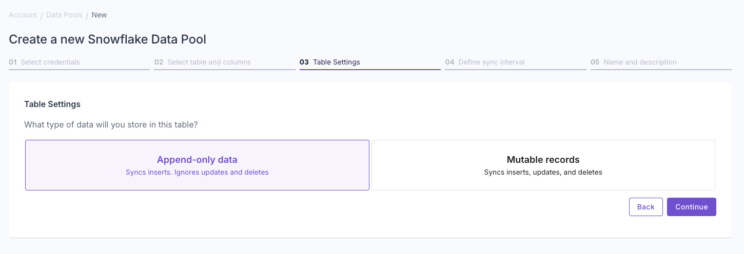 A screenshot demonstrating how to select the select primary timestamp and Unique ID for a new Snowflake Data Pool in the Propel Console.