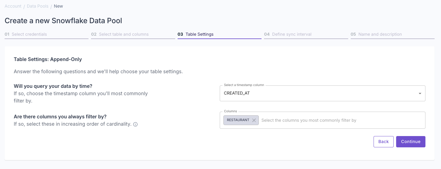 A screenshot demonstrating how to select a table for a new Snowflake Data Pool in the Propel Console.
