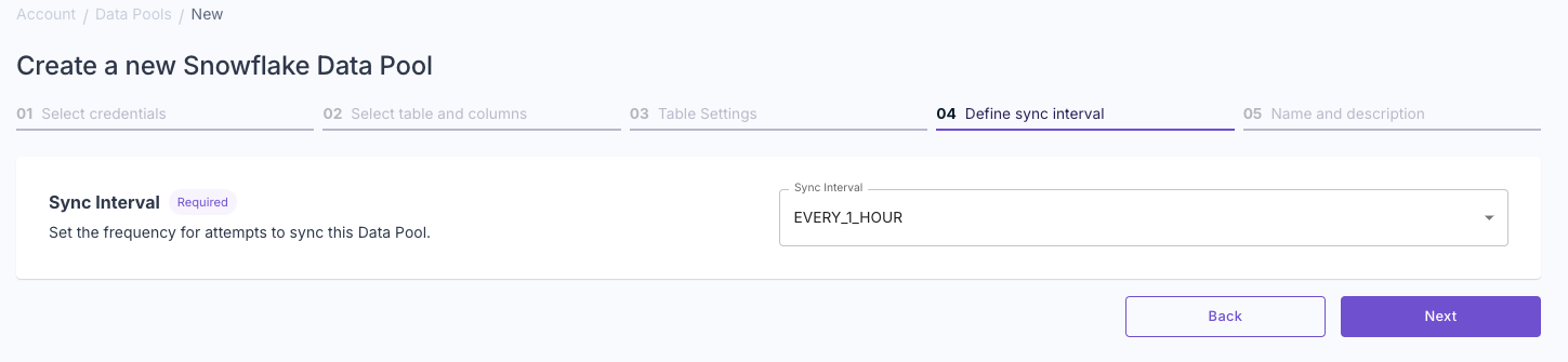 A screenshot demonstrating how to select the sync interval for a new Snowflake Data Pool in the Propel Console.