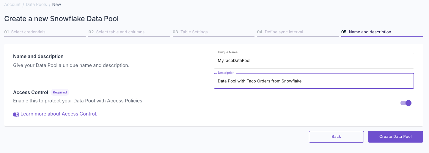 A screenshot demonstrating how to select the sync interval for a new Snowflake Data Pool in the Propel Console.